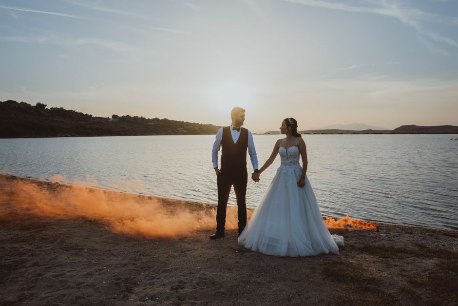 Beautiful sunset wedding couple portrait